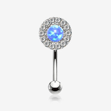 Brilliant Sparkle Gems Fire Opal Prong Set Curved Barbell-Blue Opal